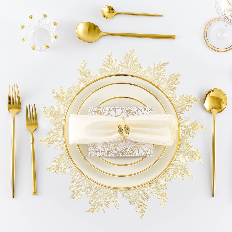 Gold Placemats Set of 6 Flower Pressed Vinyl Place Mats