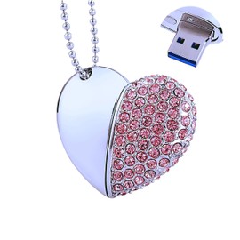 EcooDisk 128GB USB 3.0 Flash Drive Diamond Heart with Necklace Memory Stick High Speed Data Storage Pink