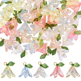 COGCHARGER 60 Pcs 5Color Acrylic Tulip Lily Flower Charms Plant Charm With Pearl Beads Pendant Mix Color for Jewellery Making Craft Bracelet Necklace Earrings Findings