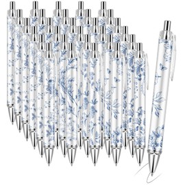 Lebsitey 30PCS Blue and White Porcelain Pen 0.5mm Black Ink Fancy Pens Smooth Writing Retractable Ballpoint Pens for Journaling Aesthetic Office Supplies (BlueandWhitePorcelain, 30)