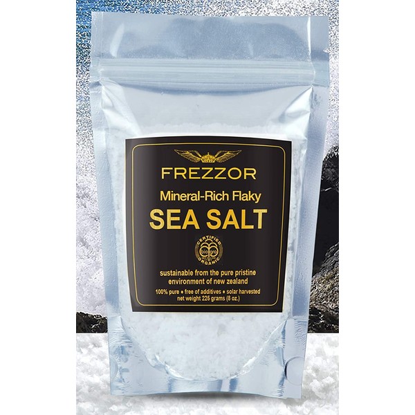 FREZZOR Flaky Sea Salt, 7.4 ounces of Premium Gourmet Sea Salt Flakes from New Zealand, 84 Minerals & Trace Elements, 100% All-Natural, Solar & Wind Harvested Salt, No Microplastics, 1 Pouch