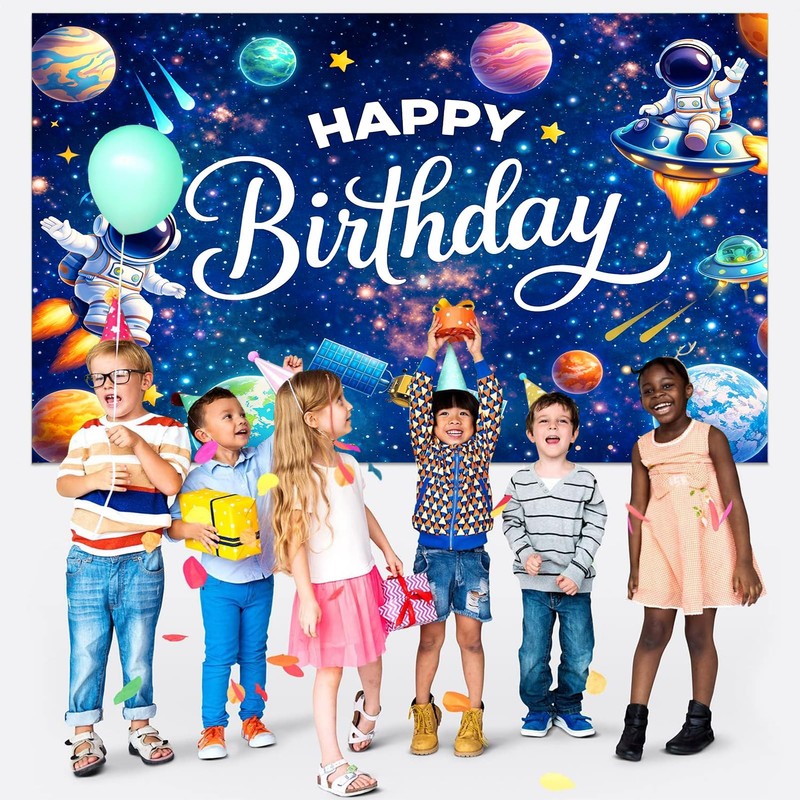 4signalballs Space Themed Birthday Backdrop for Kids, 6x4ft Rocket Astronaut