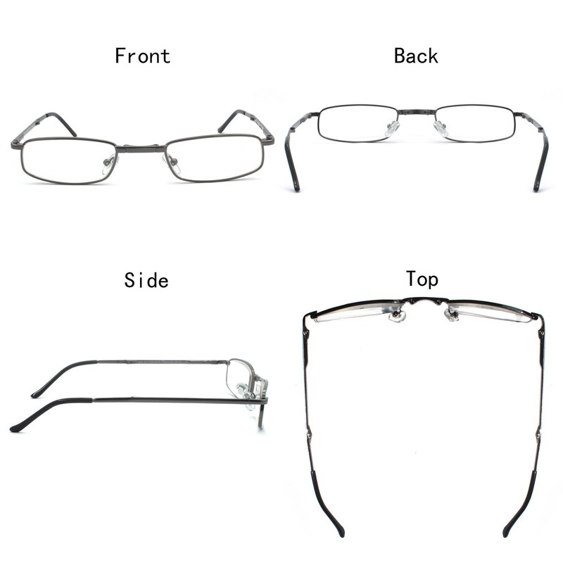 EYE ZOOM Compact Rectangular Metal Folding Reading Glasses with Leather