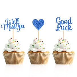 Donoter 24 Pieces Blue Glitter We Will Miss You Cupcake Toppers Good Luck Heart Cake Picks for Going Away Party Table Decorations