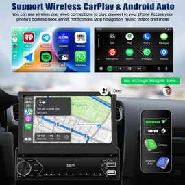 Single Din Touchscreen Car Stereo with Wireless Carplay&Android Auto,7 Inch Car Radio Flip Out MP5 Play with BT FM Radio EQ Mirror Link Car Audio with USB/TF/AUX-in SWC+Backup Camera+Microphone