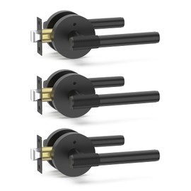 Amerdeco 3 Pack Matte Black Door Handles Interior,Knurled Privacy Door Handles with Lock,Heavy Duty Black Door Lever for Bedroom or Bathroom,Reversible Keyless for Left Right Handed Doors AM0027