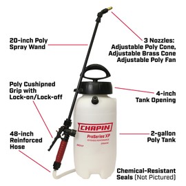 Chapin 26021XP Made in USA 2-Gallon Heavy-Duty Compression Sprayer for Professional Use, with 3 nozzles -one Brass, Pressure Relief Valve, Comfort Grip Handle, Translucent White