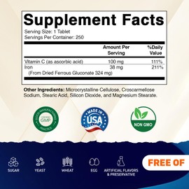 Vitamatic Ferrous Gluconate 324 mg + Vitamin C 100 mg - No Artificial Color Additives - Gentle on Stomach - 250 Coated Tablets - Made in USA