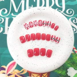 Christmas Press on Nails Short Square Fake Nails with Snowflake Glitter Patterns Design Glue on Nails Red Xmas Full Cover False Nails Glossy Nails Press ons Artificial Christmas Nails for Girls 24Pcs