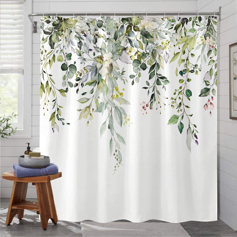 kampdream Green Eucalyptus Plant Shower Curtain, Watercolor Leaves On The