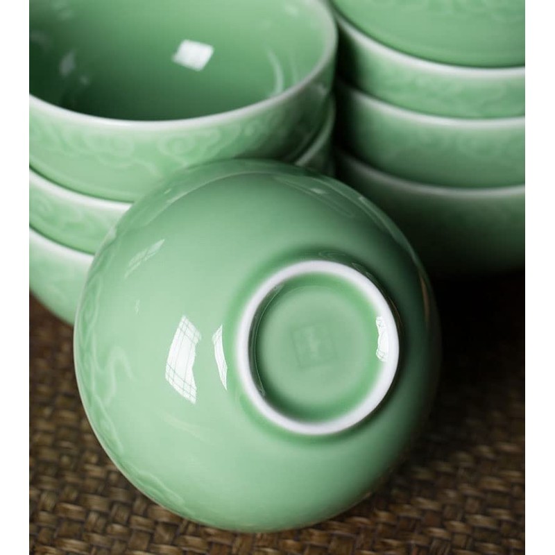 Seres Celadon Jade Green Porcelain Bowl embossed with Lucky Cloud,3