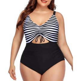 Daci - Traje de baño de una pieza con corte de talla grande para mujer, con control de abdomen, cuello en V, monokini, Rayas y Negro, 16 Plus