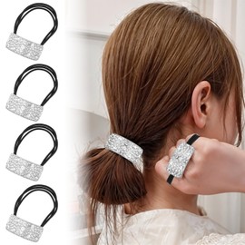 HJZHII 4PCS Crystal Rhinestone Hair Ties for Women Girls, Sparkly Rhinestone Hair Ties Elastics Scrunchies Fashion Hair Bands Elegant Hair Accessories for Women Girls(Silver)