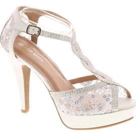 TOP Moda Womens Hy5 Formal Evening Party Lace Ankle T-Strap Peep Toe Stiletto High Heel Pumps,White Glitter,9