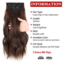 Xtrend 20 Inch Long Wavy Hair Extensions Dark Brown Clip-In Hair Extensions Synthetic Hair Pieces for Women Girls 4 Pieces Full Head Set Thick Curly Wavy Synthetic Hair Extensions (9#)