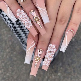 Gifiky Long Coffin False Nails Gradient Press on Nails Daisy Nails Tips Acrylic Crystal Gem Design Fake Nails for Women and Girls 24Pcs
