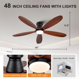 KENSID 48 Inch Ceiling Fans with Lights and Remote, Low Profile Flush Mount Modern Wood Ceiling Fan with Light, 5 Blades, Dimmable, Wall Switch, 6 Speed DC Motor, Indoor Outdoor Ceiling Fan