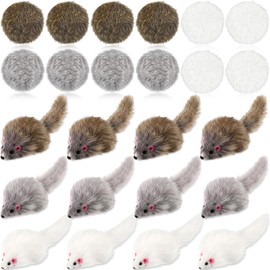 Lewtemi 24 Pcs Real Rabbit Fur Mouse Toys for Cats 12 Fluffy Rattle Mouse and 12 Fuzzy Cat Balls Realistic Fake Mice Without Catnip Interactive Kitty Toy for Pets Kitten Play