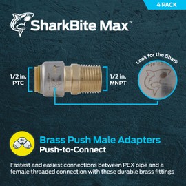 SharkBite Max 1/2 Inch MNPT Adapter, Pack of 4, Push to Connect Brass Plumbing Fitting, PEX Pipe, Copper, CPVC, PE-RT, HDPE, UR120A4