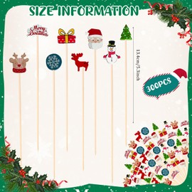 300 Pcs Christmas Cocktail Picks Christmas Toothpicks Christmas Tree Santa Snowman Elk Food Picks Fruit Cupcake Appetizer Decorative Bamboo Toothpicks for Christmas Party Decoration Supplies