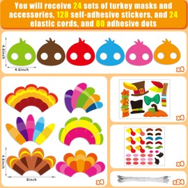 24 Sets Thanksgiving Turkey Masks Craft Kit for Kids, Make Your Own Turkey Fall DIY Art Mask Crafts for Thanksgiving Autumn Classroom Game Activities Project Party Decorations Gift Favors