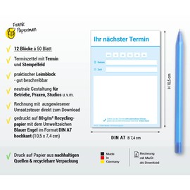Frank Paperman® 600 appointment notes, 12 x appointment pads of 50 sheets, blue, 1 fill line per note, for doctors, naturopaths, physio, massage, studios and much more.