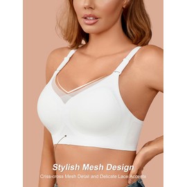 Cuteio Wireless Bras for Women No Underwire, Seamless V Neck Mesh Bralette with Support, Everyday Full Coverage Comfortable Bra White