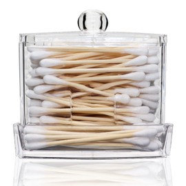Qihomy Square Cotton Swab Storage Container - Transparent Apothecary Jars With Lids Unbreakable Cotton Ball Qtip Holder With 2 Types Take Out Ways Bathroom Canisters Jars