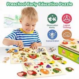 Wooden Puzzles for Toddlers, 4 Pack Montessori Toys Preschool Learning Puzzles for Baby, Farm, Shapes, Animals, Fruits Wooden Peg Puzzles for Boys and Girls (4 Pack)