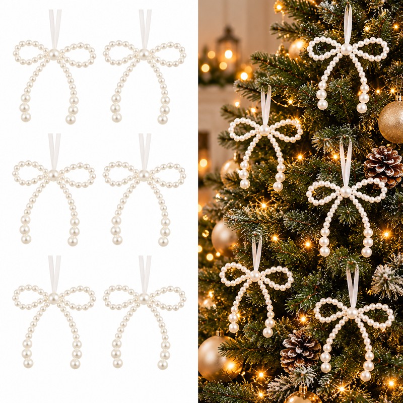 Pearl Bow Christmas Decorations for Holiday Display – Hand-Woven Hanging