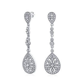 Deco Style Bridal Teardrop Cubic Zirconia Filigree Statement Prom Chandelier Earrings Women Silver Plated Brass