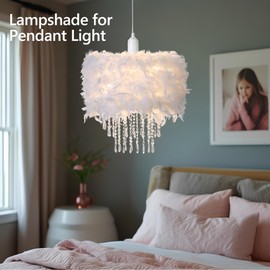 Waneway Feather Lampshade with Acrylic Droplets, Fluffy Lamp Shade for Ceiling Light, Pendant Light, Chandelier, Table Lamp or Floor Lamp, Bedroom Living Hallway Decoration, White