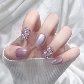 Nail Tip, Short, Medium, 24 Pieces, Purple, 3D Nail Seal, Cat Eye, False Nails, Popular, Japanese Style, Cute, Simple, Fashionable Party, Autumn, Spring, Summer, Daily Life, Bridal Nail Design, Coming