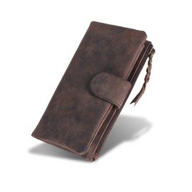 VALENCHI-Soft and Flexible Genuine Leather Ladies Wallet with Metal Zipper and Snap closer (Brown Vintage)