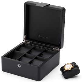 Vlando Fathers Day Gift, Watch Box Organize for Men, 6 Slots Watch Case with Textured Leather, Watch Holder with Soft Pillow, Gift for Fathers, Husband, Friend, Black