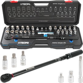 TECPO Torque Wrench Set 1/2 Inch, 50-350 Nm, 72 Teeth Mechanism, Calibrated, High Precision of ±3%, in System Case, Key Bit Extension Nut for Tyres, Assembly, Car, Motorcycle, Truck
