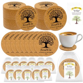 Furbeko 72 Set Family Reunion Favors Bulk Include Cork Coasters Tree of Life Cards Organza Bags Absorbent Cork Mat A Family is A Circle of Love Gifts for Gathering Party Decorations