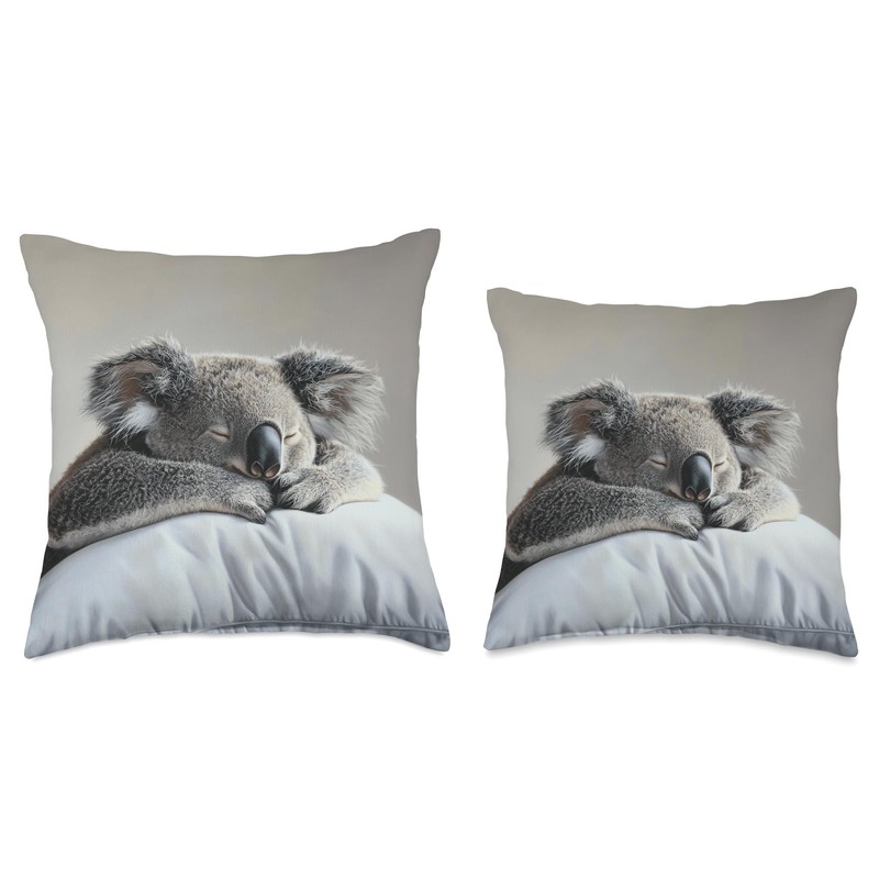 Sleepy Koala on a Light Gray Pillow Throw Pillow