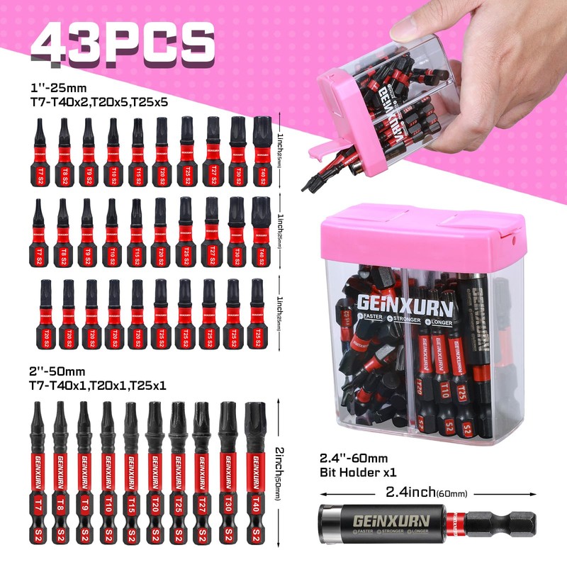 Geinxurn Impact Torx Screwdriver Bits Set,43 Pcs(T7-T40) Magnetic 1"& 2"