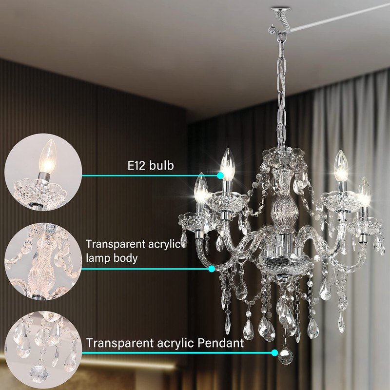 PAPAYA Plug-in 5 Light Crystal Hanging Pendant Lights Acrylic Chandelier