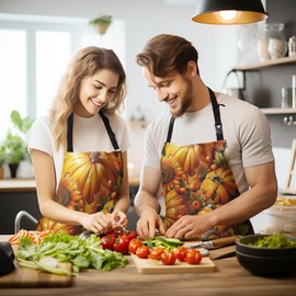 Fall Watercolor Pumpkins Aprons with Pockets Autumn Orange Sunflower Flowers Bib Apron with Adjustable Neck Thanksgiving Day Harvest Farmhouse Chef Cooking Apron for Women Men Dinner Baking BBQ
