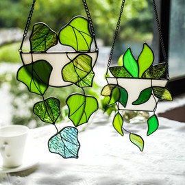 HAOSUM Green Plant Decor Stained Glass Window Hanging,Fake Plant Gifts for Women Suncatchers Indoor Window,Grape Leaves Decor for Mom Grandma Aunt Nana,Set of 2