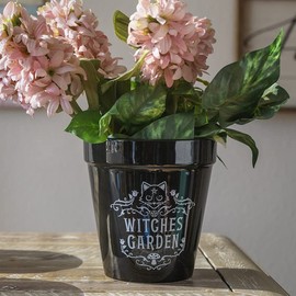 Ebros Gift Wicca Witchcraft Gothic Magic Black Ceramic Planter Pot Vase Floral Container Alchemy Occult Potter Flowerpot Green Thumb Gardening Home Accent (Feline Cat Witches Garden)