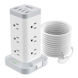 BEVA Power Strip Tower with USB Ports, 16 in 1 Surge Protector Tower, 12 AC and 4USB Ports, 10 FT Extension Cord with Multiple Outlets, Power Tower Charging Station for Office Supplies（White）
