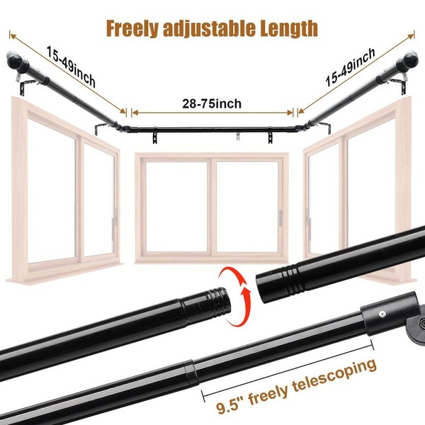 COGARDENSHOWER Bay Window Curtain Rods,1 Inch Diamer Adjustable Sturdy Bay