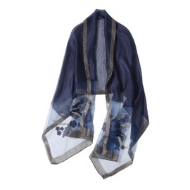 Jeelow Silk Wool Scarf Shawl Wrap Lightweight Sheer for Women Embroidered Design for Weddings & Parties (Navy flowers)