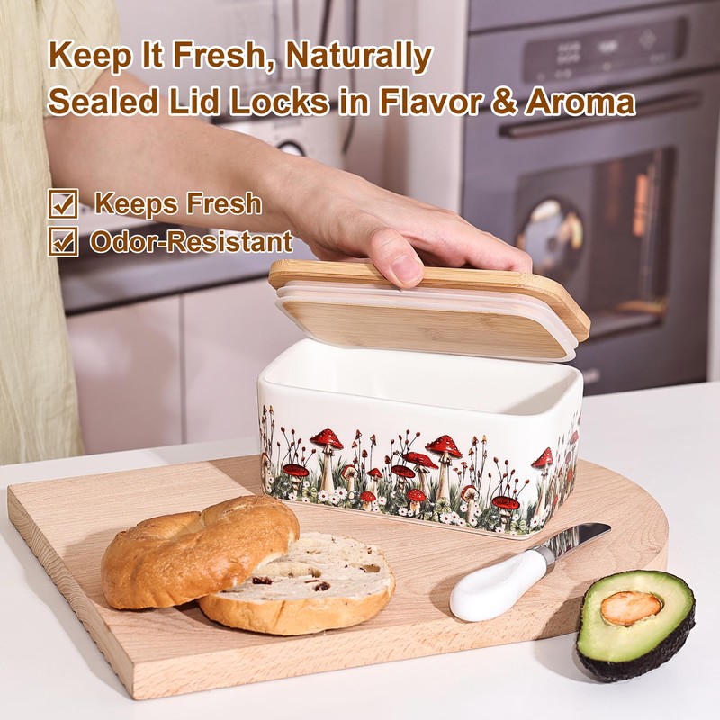 Fungi Fun Ceramic Mushroom Butter Dish with Lid and Knife,