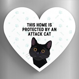 Global Designs Black Cat Home Protected Attack Cat Katie Pearson Artworks Heart Shaped Wooden Magnet