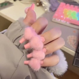 Valentine's Day Press on Nails，Pink Plush Heart False Nails，Extra Long Length Coffin Fake Nails，5D Stereo Love Acrylic Nails For Women Girl 24PCS