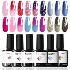 Modelones - Esmalte de uñas de gel que cambia de color, color rojo, azul, con purpurina, 6 colores, regalo de Navidad, día festivo, salón de manicura,